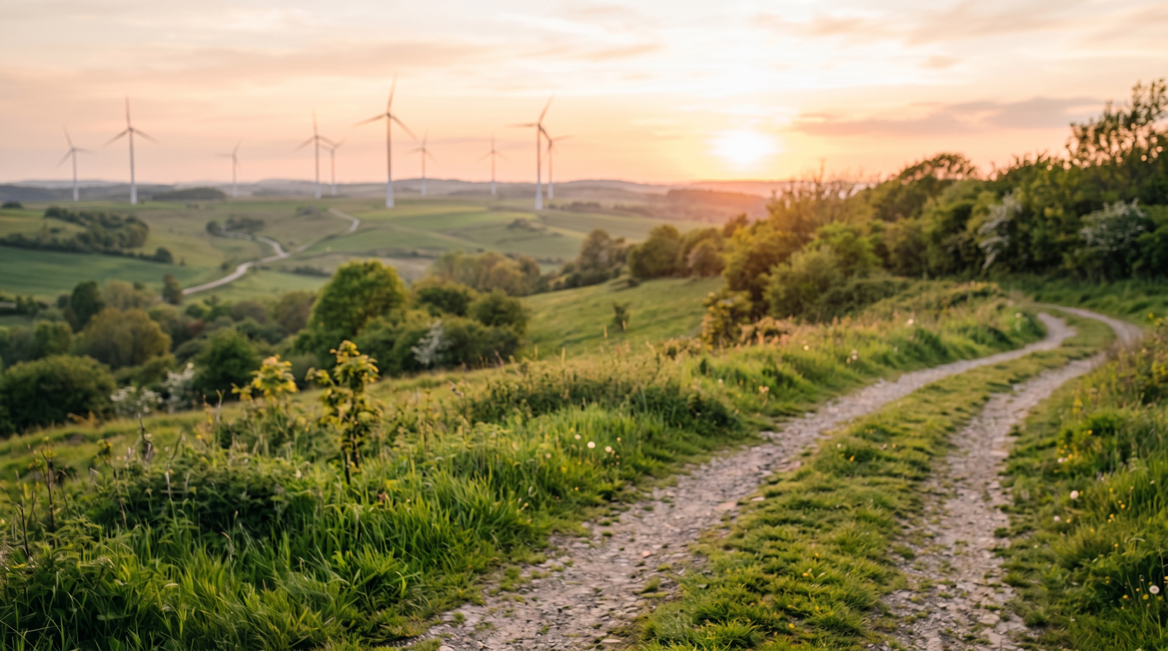 Windräder in grüner Hügellandschaft bei Sonnenuntergang